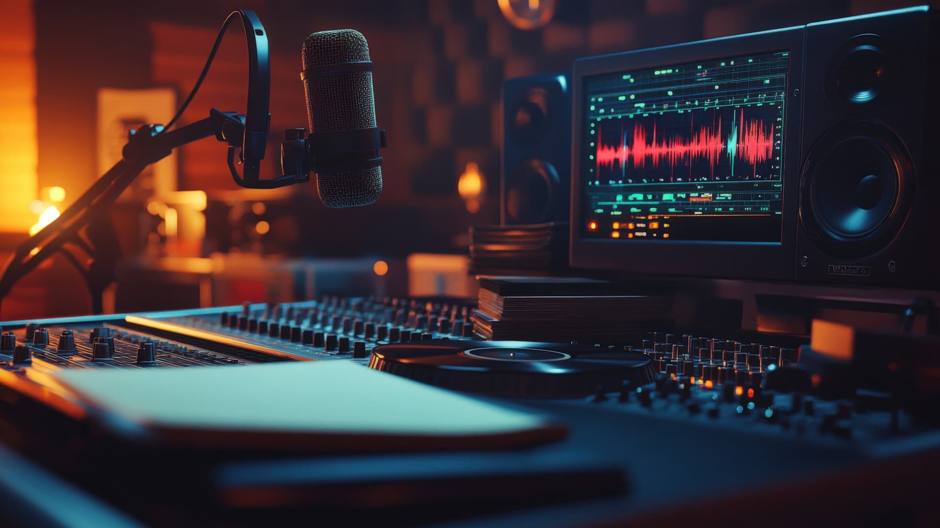 Estudio de producción musical con mesa de mezclas